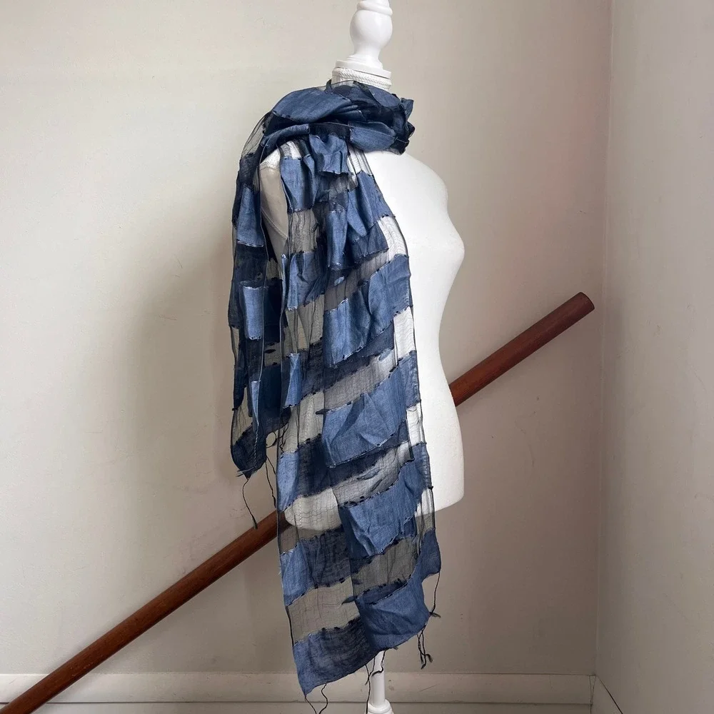 Silk Boiled Wool Sheer‎ Scarf Blue Textured Lightweight Summer Wrap Shawl Artsy